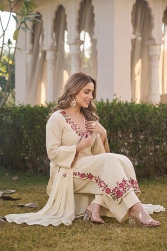 Image of ANNI Designer Kurta Sets for Women Viscose Blend Embroidered | Kurta Palazzo Dupatta Set | Designer Kurti Set for Women | V Neck Full Sleeve Ethnic Suit | Indian Kurta Outfit with Palazzo Pants