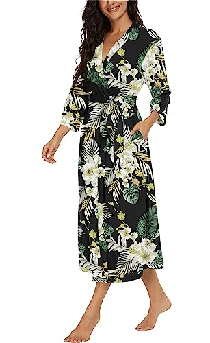 Image of VINTATRE Robes for Women Long Knit Bathrobe XS-4XL | 3 /4 Sleeve Bathrobes with Pockets, Stretchy and Lightweight Fabric, Inner Tie and Fixed Outer Matching Belt, Mid Calf Length