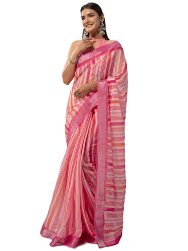 Image of Satrani Women's Linen Printed Ready To Wear Saree with Unstitched Blouse Piece