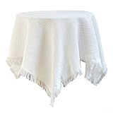 Tischdecke Rund Leinen Baumwollmischung Tischtuch 130cm Durchmesser, Knitter- & Abwaschbar mit Quaste Beige für Esstisch 80-120cm(Weiß)