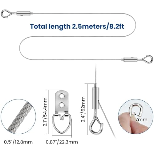 Image of 2 Kit 6.6FT Adjustable Picture Hanging Wire, Heavy-Duty Stainless Steel Wire Rope with D Ring, Hanging Hardware Holds Up to 45lbs for Mirror Light Lamp, Billboards, Basket Flowerpot