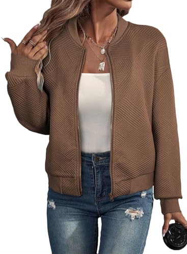 EVALESS Women's Fall Jackets Bomber Jacket for Women 2025 Long Sleeve Stand Collar Zip Up Lightweight Outwear with Pockets X-Large Brown