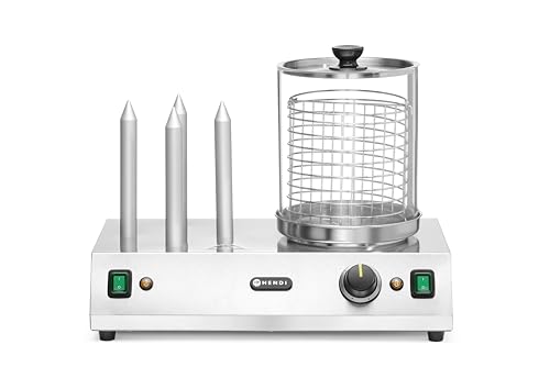 HENDI Machine à hot-dogs et saucisses, appareil chauffe-hot-dogs électrique 20-95 °C avec cylindre en verre et 4 pics chauffants pour petits pains, 550 W, 500x310x(H)395 mm, acier inoxydable