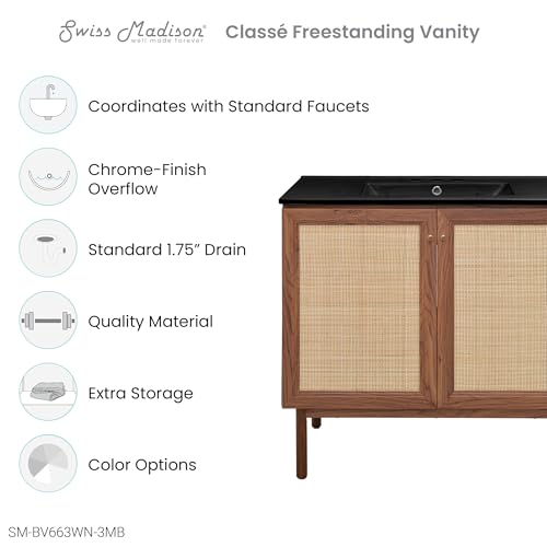 Image of Swiss Madison Classe 36 in. Brown Oak Bathroom Vanity with Black, 3-Hole Ceramic Sink Top