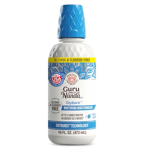 GuruNanda Whitening Mouthwash Up to 3 Shades Whiter Teeth in 2 Weeks Alcohol & Fluoride Free with Hydrogen Peroxide Oxyburst Technology - Wild Mint 16 oz