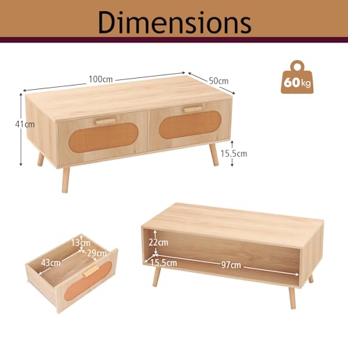 Table Basse Vintage 2 Tiroirs Rotin 100 cm GOPLUS