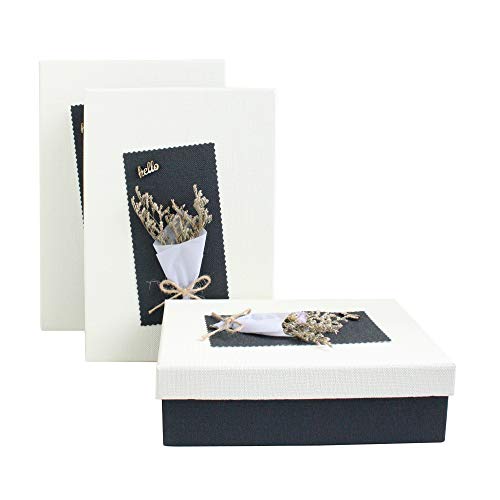 Emartbuy Conjunto de 3 Rígido Lujo Rectángulo en Forma Presentación de Caja de Regalo, Caja Negra Con Tapa Blanca, Interior Marrón Chocolate y Decoración de Flores Secas