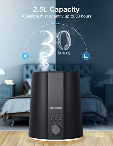 Homech Cool Mist Humidifier, 28dB Quiet Ultrasonic Humidifiers for Bedroom, Warm Light, Timing, Mist Ajustable, Easy to Clean, Auto Shut-Off