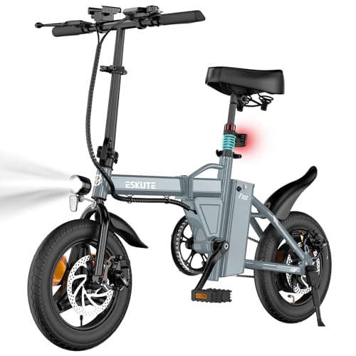 ESKUTE Mini E-Bike Klapprad 14 Zoll, Faltbares Elektrofahrrad 250W (EU-konform), mit USB-Ladeanschluss, Integrierter 36V 9Ah Akku, Reichweite 35–60KM, Grau
