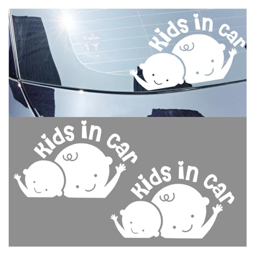 Image of 2PCS Kids in Car Sticker Decal, Baby on Board Car Decal, Baby on Board Sign for Car Safety Driving, Kids in Car Funny Vinyl Decal for Car Windows and Bumpers (White)