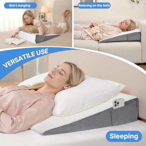 Image of Vekkia 24 inch x 24 inch x 5.5 inch Bed Wedge Pillow for Sleeping - Triangle Pillow for Sleep Apnea, Acid Reflux, Snoring & Back Support, Post-Surgery Recovery, with Pockets & Washable Cover