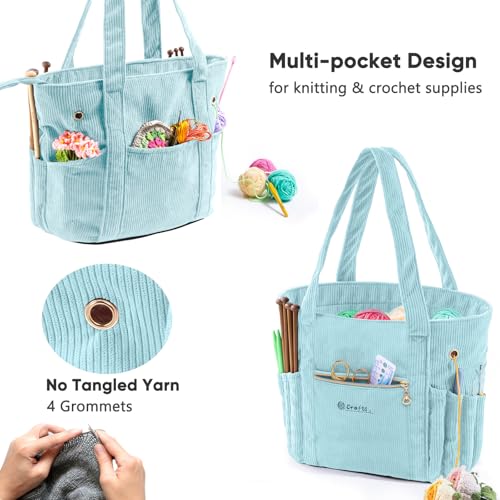 Image of MYBAGZING Corduroy Crochet Bag 11.5 inch Large Yarn Storage Tote with Grommets, Needle Holders - Knitting Bag Organizer for Crochet Hooks, Accessories, Tools & Projects -Gift for Knitters & Crafters