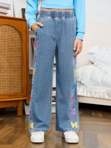Haloumoning Girls Butterfly Print Jeans Kids Elastic Waist Wide Leg Denim Baggy Pants with Pockets 5-14Y2