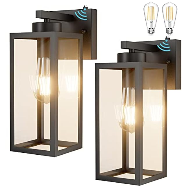 Tipace 2 Pack Outdoor Wall Lantern with Dusk to Dawn Sensor, Matte Black Sensor Exterior Light Fixtures,Exterior Wall Sconce with Clear Glass Shade(2700K E26 Bulbs Include)