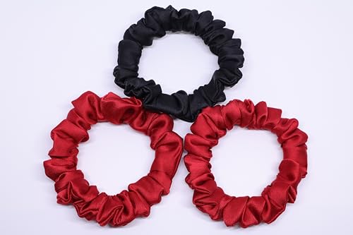 Image of Satin Scrunchies Hair Bands for Women | No-Damage Elastic Hair Ties for Ponytails & Buns | Fluffy & Stylish Rubber Bands | Free Size | Pack of 3 (Set of Maroon Red and Black Color)