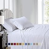 Stripe White Split-King: Adjustable King Bed Size Sheets, 5PC Bed Sheet Set, 100% Cotton, 300 Thread Count, Sateen Striped, Deep Pocket, by Royal Hotel