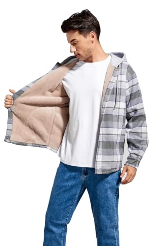 Image of Men's Cotton Plaid Shirt Jacket Fleece Flannel Sherpa Button Down