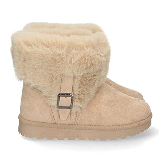 shoes&blues.es 67503-Botin Australiano para Mujer, Comodos y Calentitos, Forrado con Pelo Interior, Correa Exterior con Hebilla, Otono Invierno 2022. Talla 38 Beige