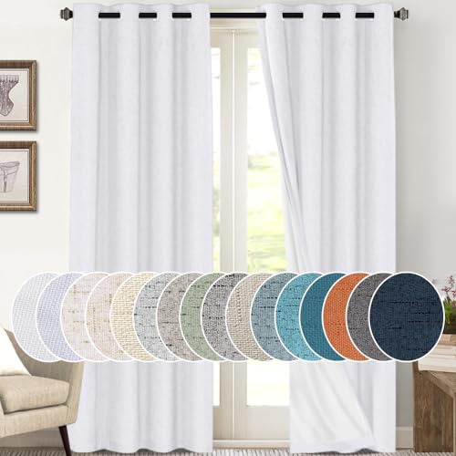 Image of PrinceDeco Blackout Curtains 108 Inches Long 2 Panels Linen Blackout Curtains 100% Black Out Textured Thermal Insulated with White Liner Anti Rust Grommet Top,W52 x L108, White