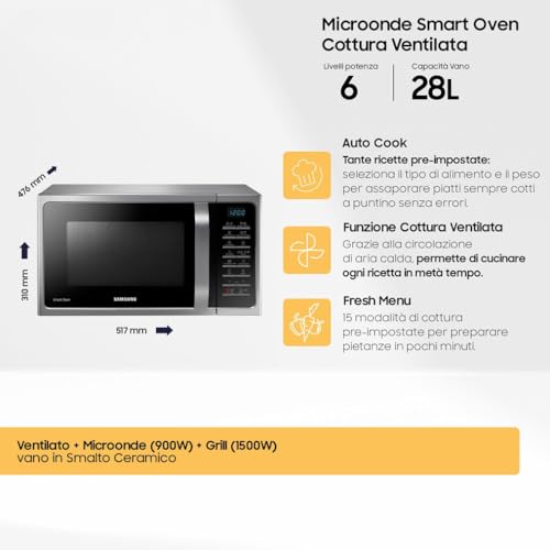 Samsung Forno a Microonde Combinato a libera installazione SmartOven MC28H5015AS/ET, Cottura Ventilata, Microonde + Grill 900 W + 1500 W, 28 L, 52l x 47h x 31p cm, Argento - immagine 3