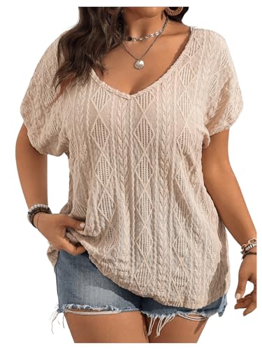 OYOANGLE Women's Plus Size Short Sleeve Blouse Boho Crochet Lace V Neck Summer Tee Tops