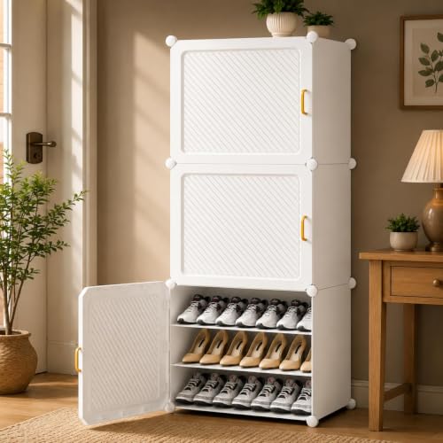 Image of Mevigo Plastic Shoe Rack for Home with Door |9- Tier Stackable Shoe Organizer | Holds 18-Pairs |Waterproof & Dustproof | DIY Modular Shoe Cabinet |Chappal Slipper Stand for Bedroom