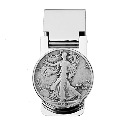 US 1942 Walking Liberty Half Dollar 90% Silver Coin Hinged Money Clip NEW - Silver Plated Coin Bezel