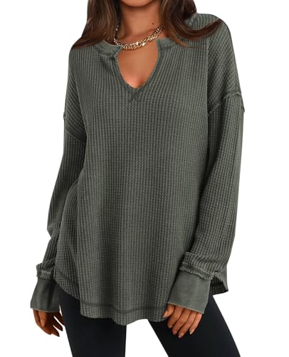 PRETTYGARDEN Womens Fall Fashion 2025 Waffle Knit Long Sleeve Tunic Tops for Women Loose Fit Dressy Casual V Neck Shirts