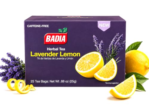 Badia Lavender & Lemon Tea – Herbal Tea with Floral Lavender & Citrus Lemon Supporting Stress Relief and Relaxation, Hot or Iced Teas, Kosher, Caffeine-Free, 25 Tea Bags