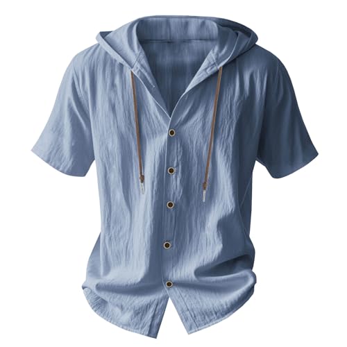 Men's Summer Linen Hoodie Short Sleeve Drawstring Casual Loose Lightweight Breathable Tops Outdoor Beach Blouses2