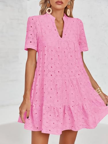 Image of Imily Bela Womens Summer Lace Dresses Eyelet Casual Flowy Babydoll Swing Short Sleeve V Neck Tunic Dress