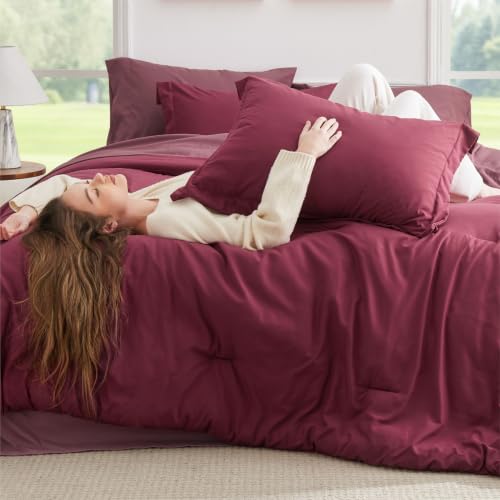 Image of Bedsure King Size Comforter Set - 7 Pieces Burgundy King Bedding Set for All Seasons, Boho Contrasting Design Bed in a Bag with Comforter, Sheets, Pillowcases & Shams