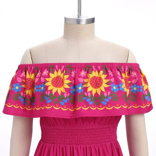 Image of ABEHIK Mexican Dresses for Women Traditional Off Shoulder Summer Floral Sunflower Fiesta Long Maxi Dress Cinco de Mayo Outfit