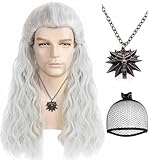 Ebingoo Witcher Wig for Halloween Costume Silver White Wig for Men + Wig Cap Long Wavy Grey White Cosplay Wig Silver Gray Wig Long Curly Wig for Halloween Party Costume Amine