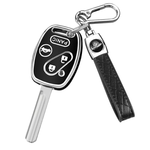 QBUC for Honda Key Fob Cover with Leather Keychain Soft TPU Car Key Case Protector Compatible with Honda Accord 2003-2012 Civic EX 2006-2013 Pilot 2009-2015 CR-V 2005-2006 4 Buttons Smart Key(Black)
