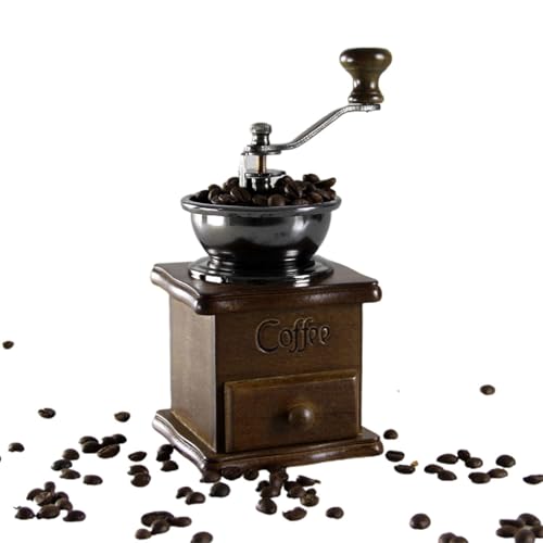 Molinillo de café vintage - molinillo de manivela de madera, amoladora manual de rebabas | de hierro fundido antigua Ajustes ajustables Bandeja portátil cocina elaboración de la cerveza