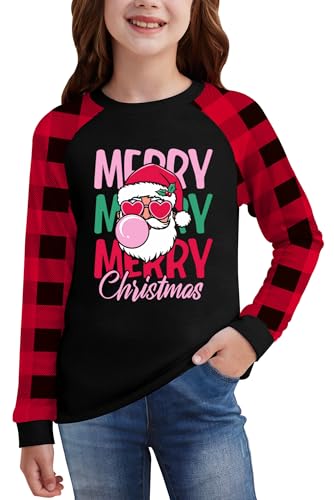 Image of BesserBay Girl's Christmas Buffalo Plaid Raglan Top Funny Holiday Graphic Shirt 4-14 Years