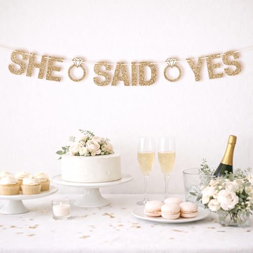 Image of Pre-Strung She Said Yes Banner - Gold Glitter Engagement Bridal Banner | No DIY - Pre-Strung on 10 ft Strand - Just Engaged, Bride to Be, Engagement Party Decorations & Decor