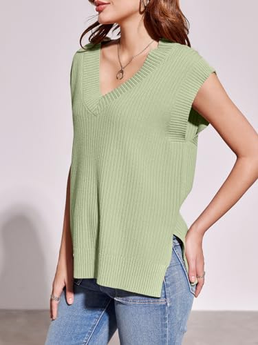 Image of Saodimallsu Womens V Neck Sweater Vest Oversized Ribbed Knit Sleeveless Casual Loose Fit Pullover Tank Top
