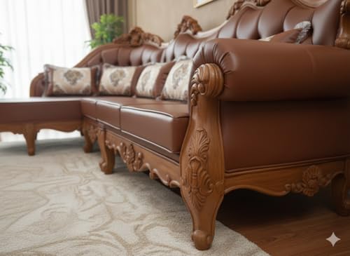 Image of Wooden L Shape Sofa Set, 7 Seater, Solid Wood Hand-Carved with Rexine Upholstery, Modern Corner Design Furniture for Living Room, Home, Office
