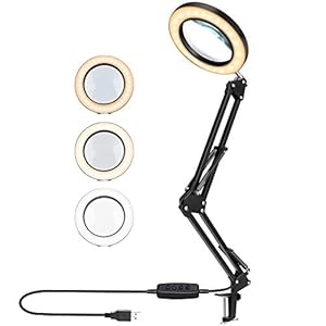 BestCool Led-bureaulamp, 5 x led-vergrotingslamp, instelbaar, oogverzorgende leeslamp met klem, metalen zwenkarm vergrootglas, 3 kleuren verlicht