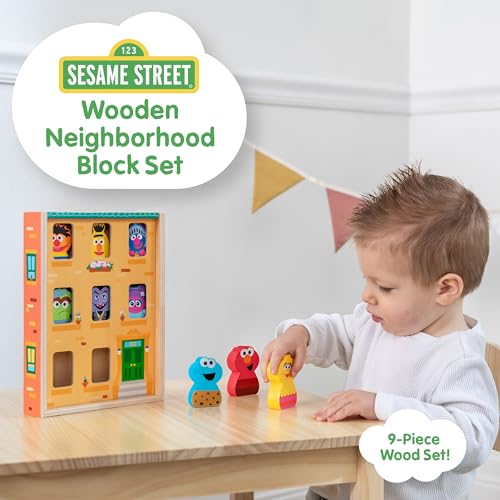 Image of Kids Preferred Sesame Street Wooden Neighborhood Block Set with Storage Case, Toddler Sorting and Matching Blocks