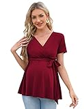 KOJOOIN Damen Stillshirt Schwangerschaftsshirt V-Ausschnitt Umstandsshirt Kurzarm Nursing Tops mit Gürtel Weinrot(Kurzarm) M