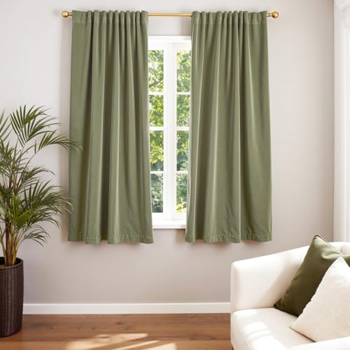 Image of Blackout Olive Sage Velvet Curtains Rod Pocket 52x63 Inch 2 Panels | Soft Velvet, Light Filtering, For Small Windows, Kitchens & Bathrooms, Light Shifting Texture, Elegant Drape, Serene