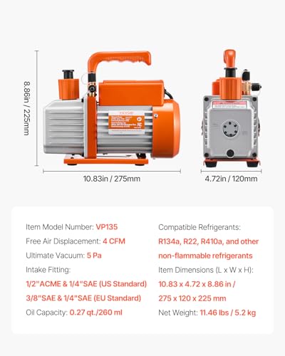 Image of VEVOR Vacuum Pump, 4 CFM, HVAC Single Stage Rotary Vane Vacuum Pump, for R134a R22 R410a Systems, Auto AC Vacuum Pump Kit with Oil Bottle, for Automotive Air Conditioner Maintenance Resin Degassing