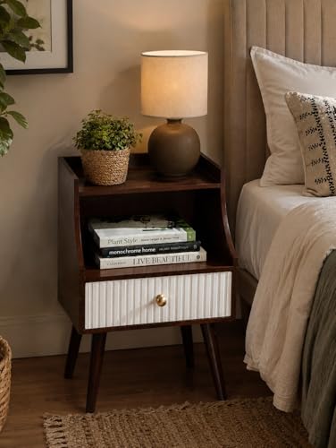 Image of ETIQUETTE ART Modern Fluted Nightstand with Drawer and Open Storage Shelf, Bedside Table with Round Edge, Boho Night Stand with Solid Wood Legs & Knob Handle End Table for Bedroom (Brown & White)