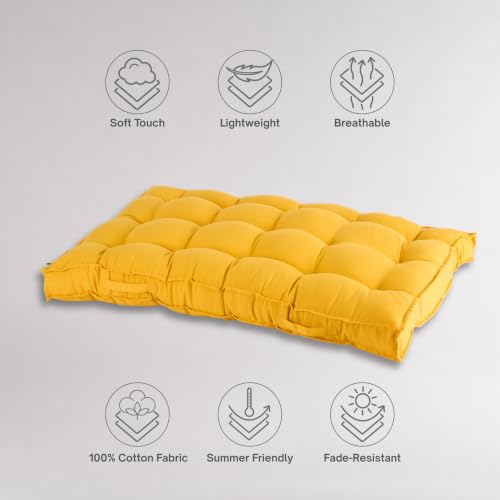 Image of SKANDA FAB Low Seating Cushion -100% Cotton Twill, Hand-Plotted Microfiber Filling, Floor Cushion with 2 Back Support Cushions - Ideal for Living Room, Balcony, Lounge- 80x120 Yellow (Pack of 1)