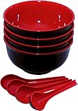 Calvin & Co Set of 4 Melamine Miso Soup Cereal Bowls and Spoons 6.5 inches (Large, Red & Black)