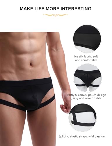 comeondear Black Men's Jockstraps Ice Silk Strappy Sexy Men's Underwear Gay Panties with Thigh Rings for Party4