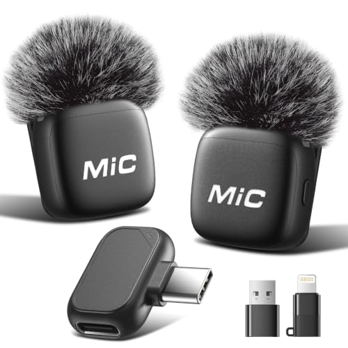 2-Pack Mini Wireless Lavalier Microphone for iPhone, iPad, Android and PC, Clip-On Mic with Noise Reduction, Auto Pairing, Mute and Reverb, USB-C Receiver, Lightning and USB-A Adapters view 3